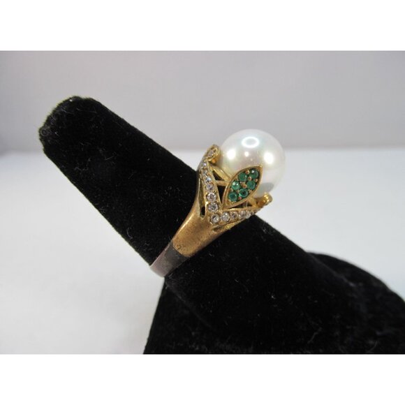 Faux Pearl Green and Clear Rhinestone Sterling Silver Gold Vermeil Ring Size 8.2 - Picture 2 of 12